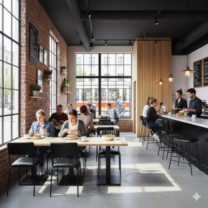 Super-Seat | Horeca tafels massief eikenblad met zwart onderstel 70x70cm Eiken tafels, zwarte metalen poten, moderne stoelen in lichte café opstelling. | Horecameubilair