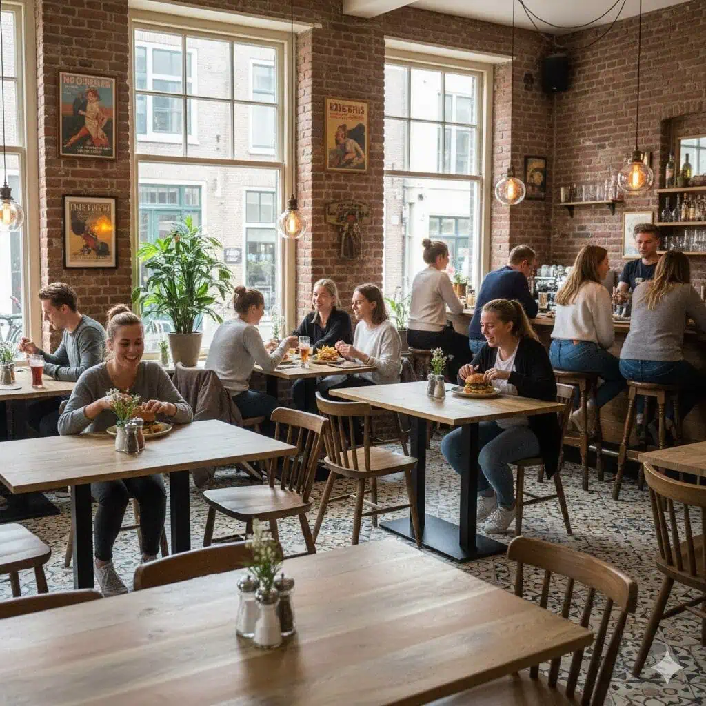 Super-Seat | Mango houten tafels met zwart frame, mensen op stoelen, bakstenen muren en grote ramen. | Horecameubilair