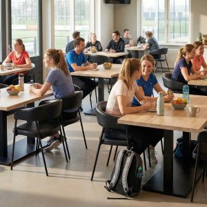 Super-Seat | Horeca tafels massief eikenblad Massief eiken tafels met zwarte onderstellen, omringd door moderne stoelen in lichte kleuren. | Horecameubilair