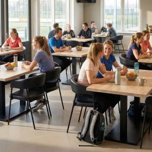 Super-Seat | Horeca tafels massief eikenblad Massief eiken tafels met zwarte onderstellen, omringd door moderne stoelen in lichte kleuren. | Horecameubilair