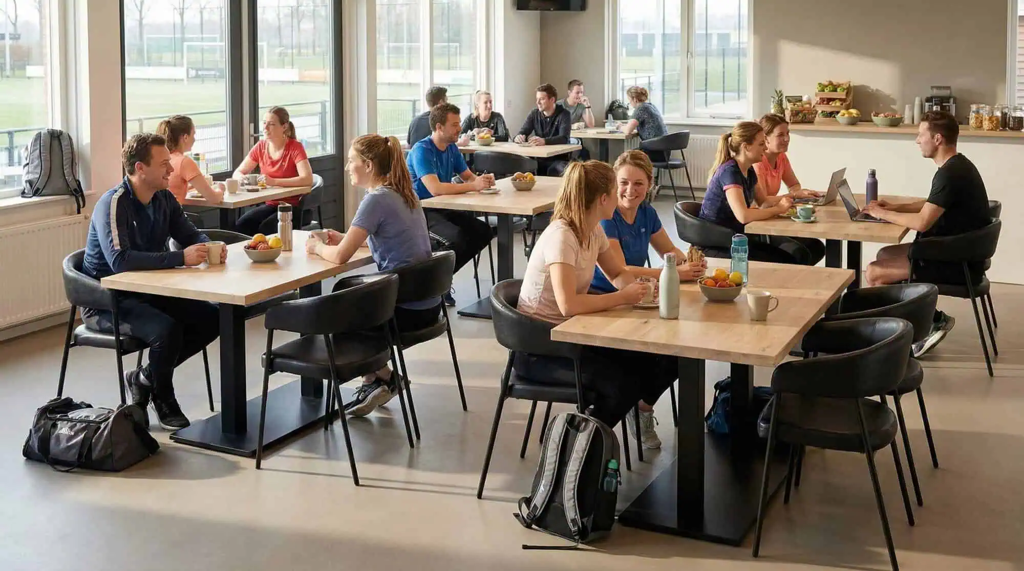 Super-Seat | Horeca tafels massief eikenblad Massief eiken tafels met zwarte onderstellen, omringd door moderne stoelen in lichte kleuren. | Horecameubilair