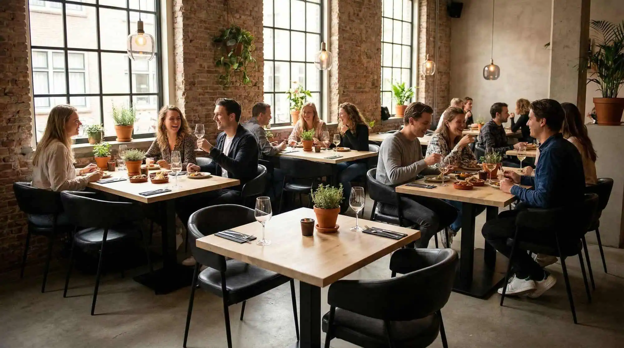 Super-Seat | Horeca tafels massief eikenblad met zwart onderstel 120x70cm Eiken tafels, zwarte stalen lijsten, lichte stoelen, bakstenen muren. | Horecameubilair