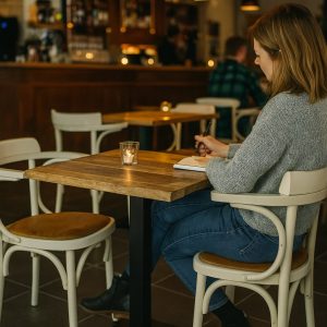 Super-Seat | Houten tafel met witte houten stoelen, bruine zitting; kaarslicht, bar op achtergrond. | Horecameubilair
