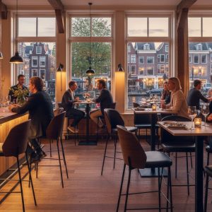 Super-Seat | Horeca statafels kasteel eiken melamine zwart onderstel Grote ramen, warme sfeer, eiken tafels, zwarte lijsten, moderne stoelen. | Horecameubilair