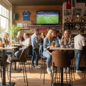 Super-Seat | Horeca statafels kasteel eiken melamine | Zwarte onderstellen met eiken melamine tafelbladen, stoelen en barkrukken in lichte pub. | Horecameubilair
