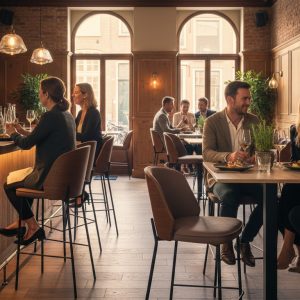 Super-Seat | Warm restaurant met kasteel eiken stoelen/tafels, zwart onderstel en planten. | Horecameubilair