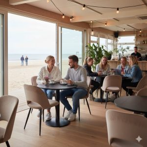 Super-Seat | Maison design stoelen velours Mokka bij strandcafé | Fluwelen mokka stoelen en tafels, grote ramen, zicht op strand en oceaan. | Horecameubilair