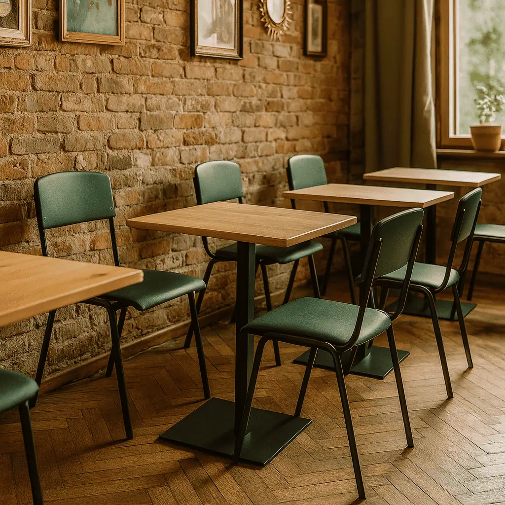 Super-Seat | Groene Vanitas stoelen en houten tafels in een café met bakstenen muur en houten vloer. | Horecameubilair