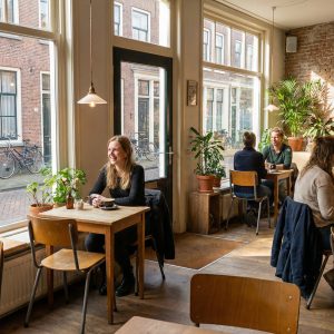 Super-Seat | Ardell vintage houten antraciet schoolstoelen | Donkerhouten tafels, antraciet houten stoelen, bakstenen muur, grote ramen. | Horecameubilair