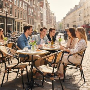 Super-Seat | Berry horeca stapelstoelen Grijze metalen stoelen en tafel, mensen genieten samen buiten op terras met historische achtergrond. | Horecameubilair