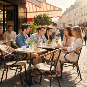 Super-Seat |Zwarte metalen stapelstoelen en houten tafel buiten op zonnige straat, groep mensen aan het lachen. | Horecameubilair