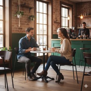 Super-Seat | Café Interieur Twee mensen aan kleine houten tafel met groene stoelen in café met bakstenen muren, barista op achtergrond. | Horecameubilair