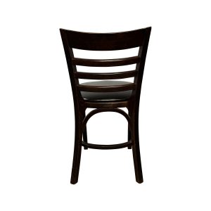 Super-Seat | Donkerbruine houten caféstoel met ladder rugleuning en ronde zitting, van achteren getoond. | Horecameubilair