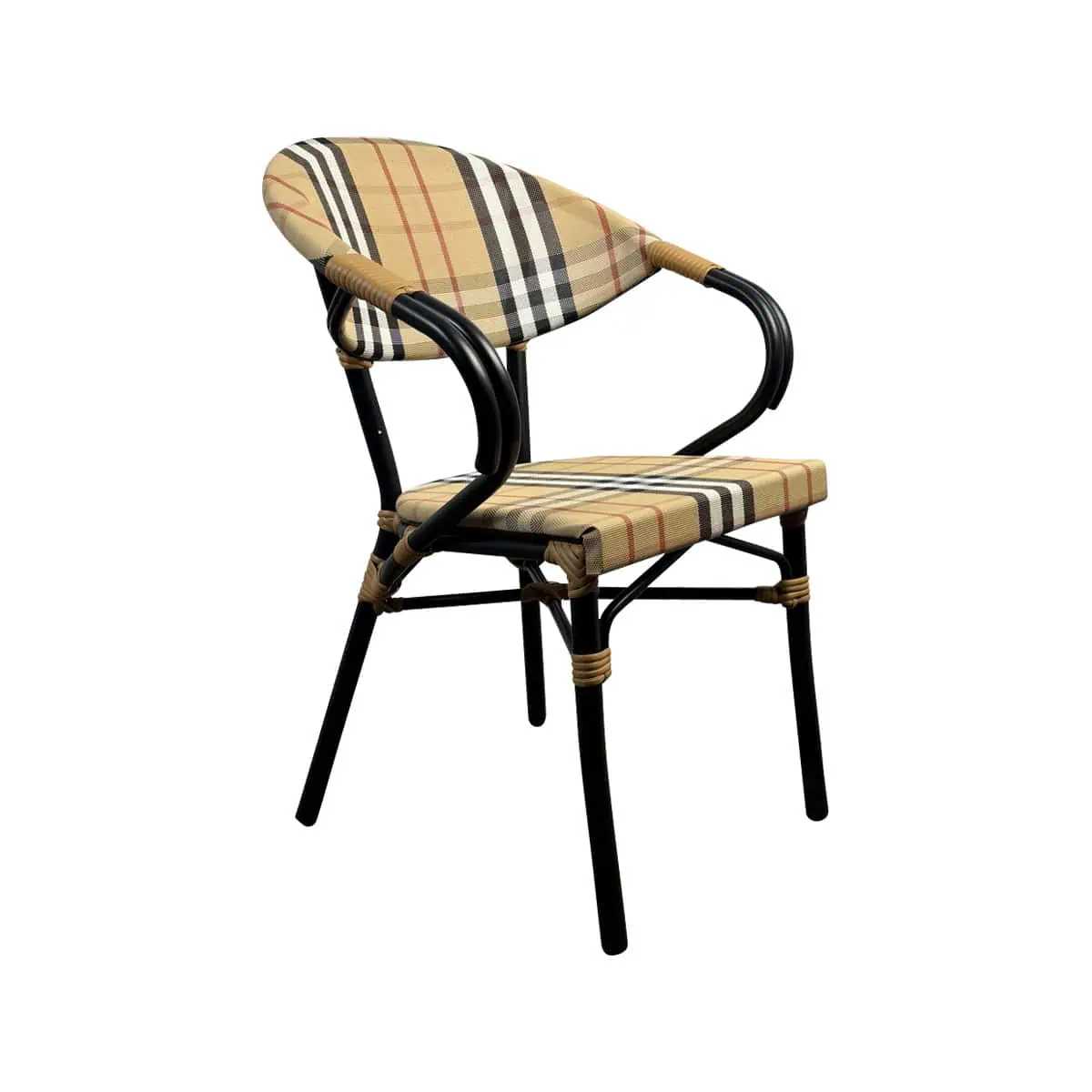 Super-Seat | Zwarte metalen stoel, houten zitting, rotan armleuningen, beige geruit textiel. | Horecameubilair