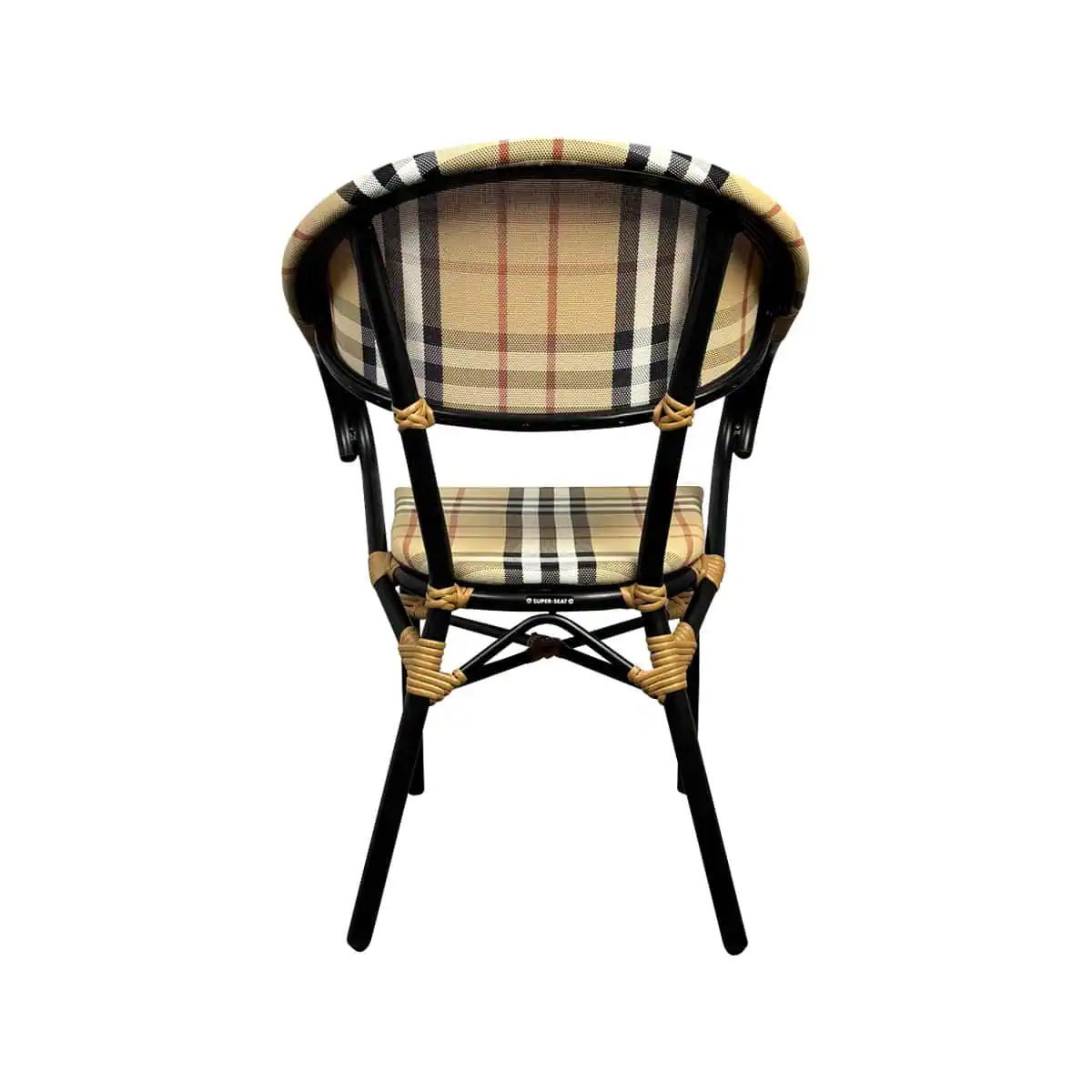 Super-Seat | The Vicktor vintage houten zwart metalen schoolstoelen | Zwarte metalen frame, beige geruite zitting/leuning, gele koord accenten. | Horecameubilair