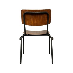 Super-Seat | The Vicktor vintage houten zwart metalen schoolstoel | Stoel met bruin hout en zwart metalen frame, gezien van achteren op witte achtergrond. | Horecameubilair
