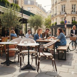 Super-Seat | Houten stoelen, metalen tafels, zwarte barkrukken en picknicktafels op zonnig terras tussen oude gebouwen. | Horecameubilair