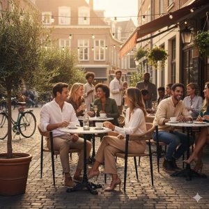 Super-Seat | Buiten op straat houten tafels, metalen stoelen; sfeer warm, ontspannen. | Horecameubilair