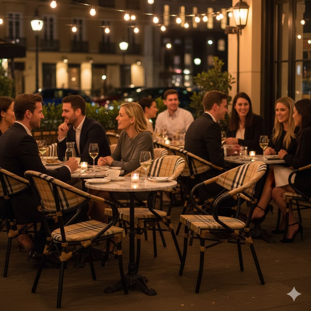 Super-Seat | Metalen stapelbare stoelen in bordeauxrood bij buiten tafels, avondstemming, warme verlichting. | Horecameubilair