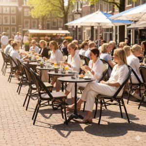 Super-Seat | Biljonair Parijs stapelstoelen zwart goud | Luxe zwart-gouden stoelen en tafels op zonnig terras met kleurrijke parasols. | Horecameubilair