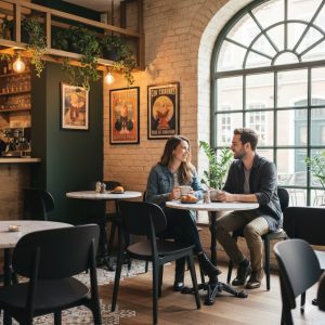 Super-Seat | Wat je gaat tegenkomen zijn stoelen, tafels, barkrukken, picknick tafels en andere soort tafels en stoelen. | Groene houten stoelen en ronde houten tafel in vintage café met planten en groot raam. | Horecameubilair