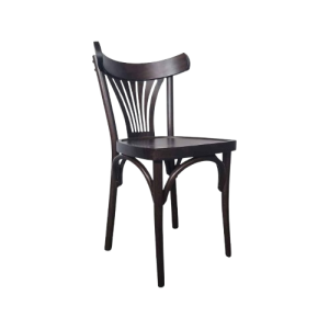 Super-Seat | Super Seat Chair | Donkere houten stoel met gebogen rugleuning en verticale latten, vier rechte poten, op witte achtergrond. | Horecameubilair