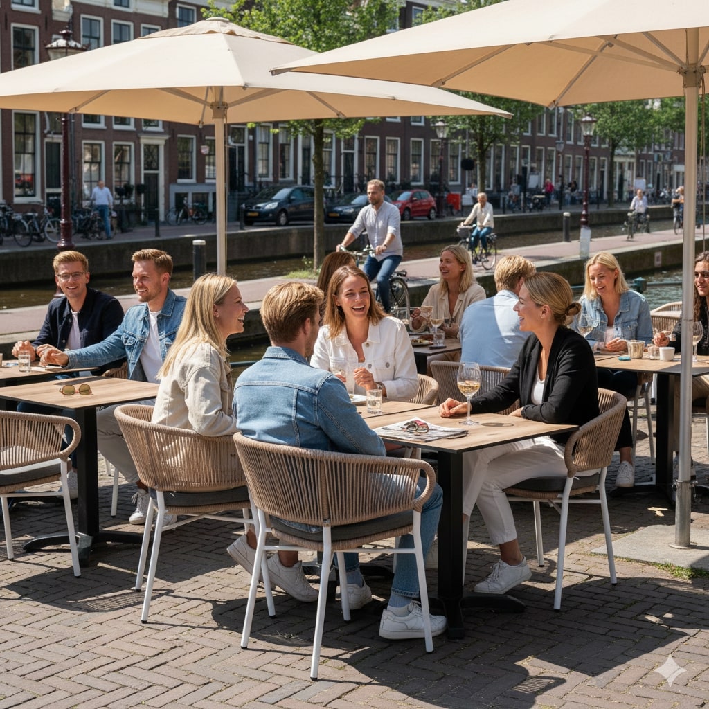 Super-Seat | Witte kunststof stapelstoelen met kussens, metalen tafels, houten barkrukken onder parasols aan het water. | Horecameubilair
