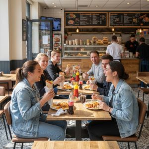 Super-Seat | Moderne vintage stoelen voor horeca | Cognackleurige leren stoelen, houten tafels, en barkrukken in een casual restaurant. | Horecameubilair