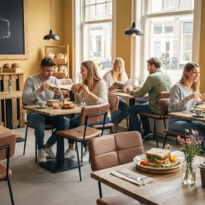 Super-Seat |Cognackleurige leren stoelen en houten tafels in een zonnig, knus café. | Horecameubilair