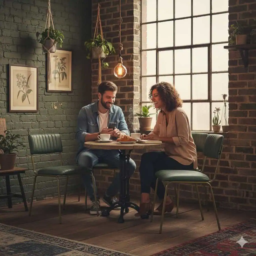 Super-Seat | Houten ronde tafel, bruine stoelen met stoffen zitting in knusse bakstenen café met planten. | Horecameubilair