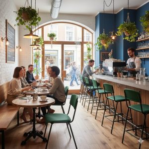 Super-Seat | Een modern café Groene stoelen van hout, houten tafels, barkrukken bij de bar, grote ramen en hangplanten. | Horecameubilair