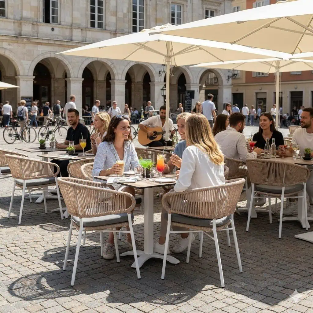 Super-Seat | Witte stapelstoelen met kussens, houten tafels op kinderkopjesplein buiten bij oude steenbouw. | Horecameubilair