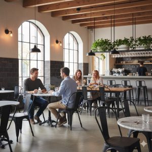 Super-Seat | Zwarte stoelen, houten tafels en dikke balken bij grote ramen; mensen eten aan strakke meubels. | Horecameubilair