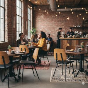 Super-Seat | Bruine houten stoelen, tafels, barkrukken, grote ramen en bakstenen muren vullen deze warme koffietent. | Horecameubilair