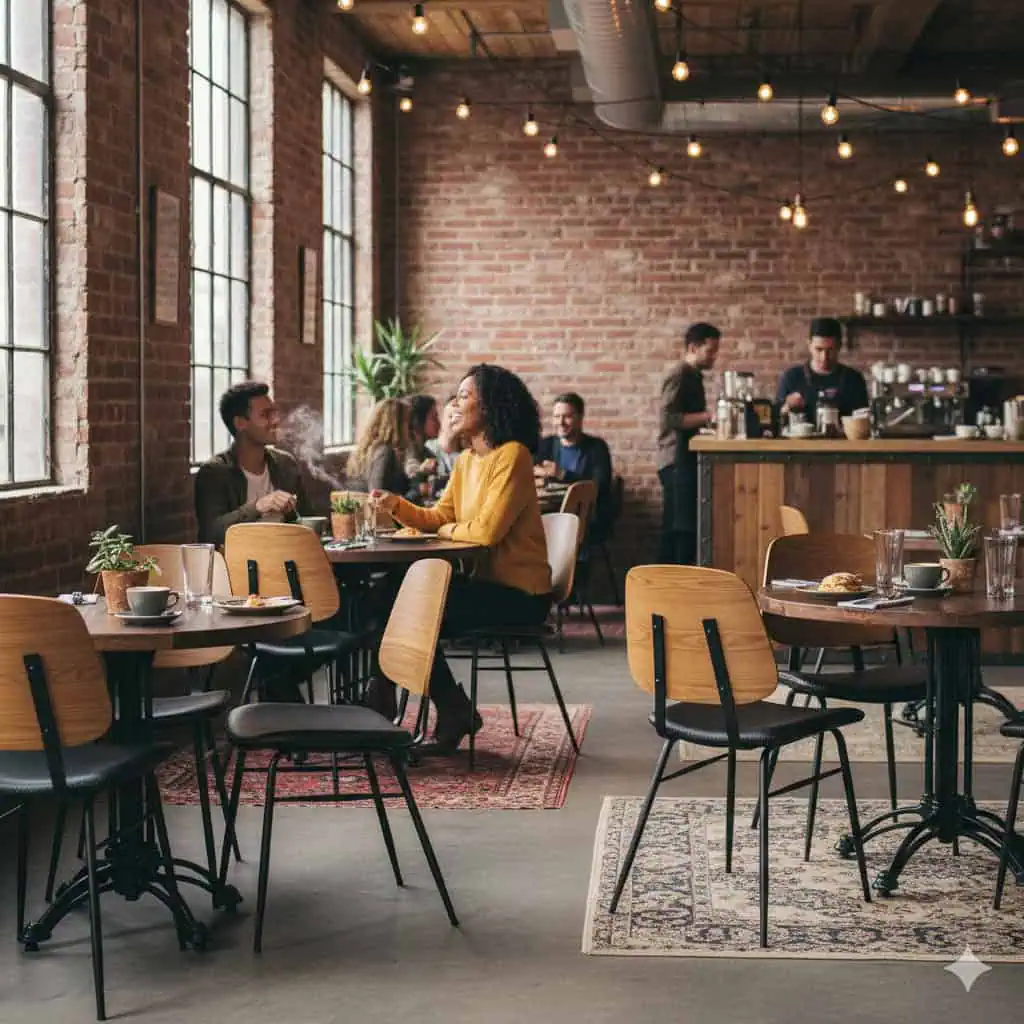 Super-Seat | Bruine houten stoelen, tafels, barkrukken, grote ramen en bakstenen muren vullen deze warme koffietent. | Horecameubilair