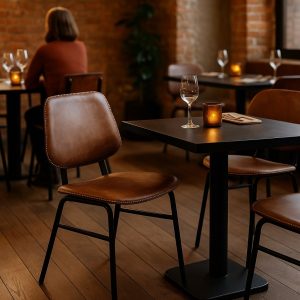 Super-Seat | Bruine lederen stoelen, houten tafels gedekt met glazen, kaarsen; bakstenen muur, houten vloer. | Horecameubilair