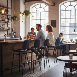 Super-Seat | Houten bar en tafels, metalen barkrukken, stoelen van hout en stoelen in lichte ruimte met grote ramen. | Horecameubilair