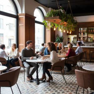 Super-Seat | Café Interieur Houten stoelen en tafels, metalen barkrukken, lichte tegels, groene planten, grote ramen, sfeervol licht. | Horecameubilair