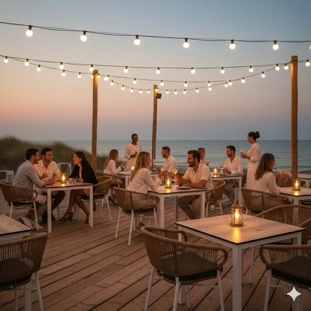 Super-Seat | Witte kunststof terrasstoelen met kussens en houten tafels op vlonder bij strand, sfeervolle verlichting. | Horecameubilair