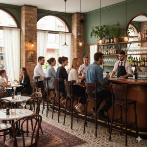 Super-Seat | Houten bar, stoelen en tafels; metalen barkrukken; lichte tegels; bakstenen muren, grote ramen. | Horecameubilair