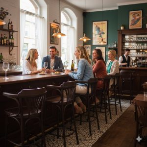 Super-Seat | Wat je gaat tegenkomen zijn stoelen, tafels, barkrukken, picknick tafels en andere soort tafels en stoelen. | Zwarte leren barkrukken aan houten bar; glazen en flessen op planken; mensen praten in lichte, moderne sfeer. | Horecameubilair