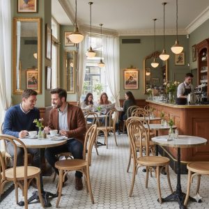 Super-Seat | Een café met betegelde vloeren en houten stoelen, tafels en barkrukken. Hout en metaal, lichte kleuren, mensen aan de koffie. | Horecameubilair