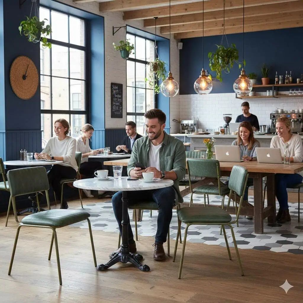 Super-Seat | Groene stoelen, houten tafels, barkrukken, picknicktafels; met planten, hanglampen en veel licht. | Horecameubilair