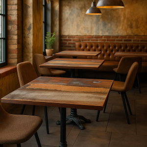 Super-Seat | Massief houten vintage tafelbladen color the world 70x70cm Houten tafels, bruine stoelen, bank met stof, bakstenen wand, planten. | Horecameubilair