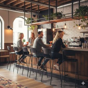 Super-Seat | Mensen zitten op houten barkrukken aan een lichte houten bar met moderne metalen details. | Horecameubilair