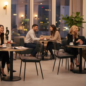 Super-Seat | Gerlon vintage leren design stoelen zwart | Zwarte leren stoelen en moderne tafels in goed verlicht café met groene planten en stadszicht. | Horecameubilair