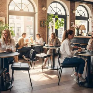 Super-Seat |Zwarte leren stoelen, houten tafels; zonlicht door boogramen, planten en foto's in café. | Horecameubilair