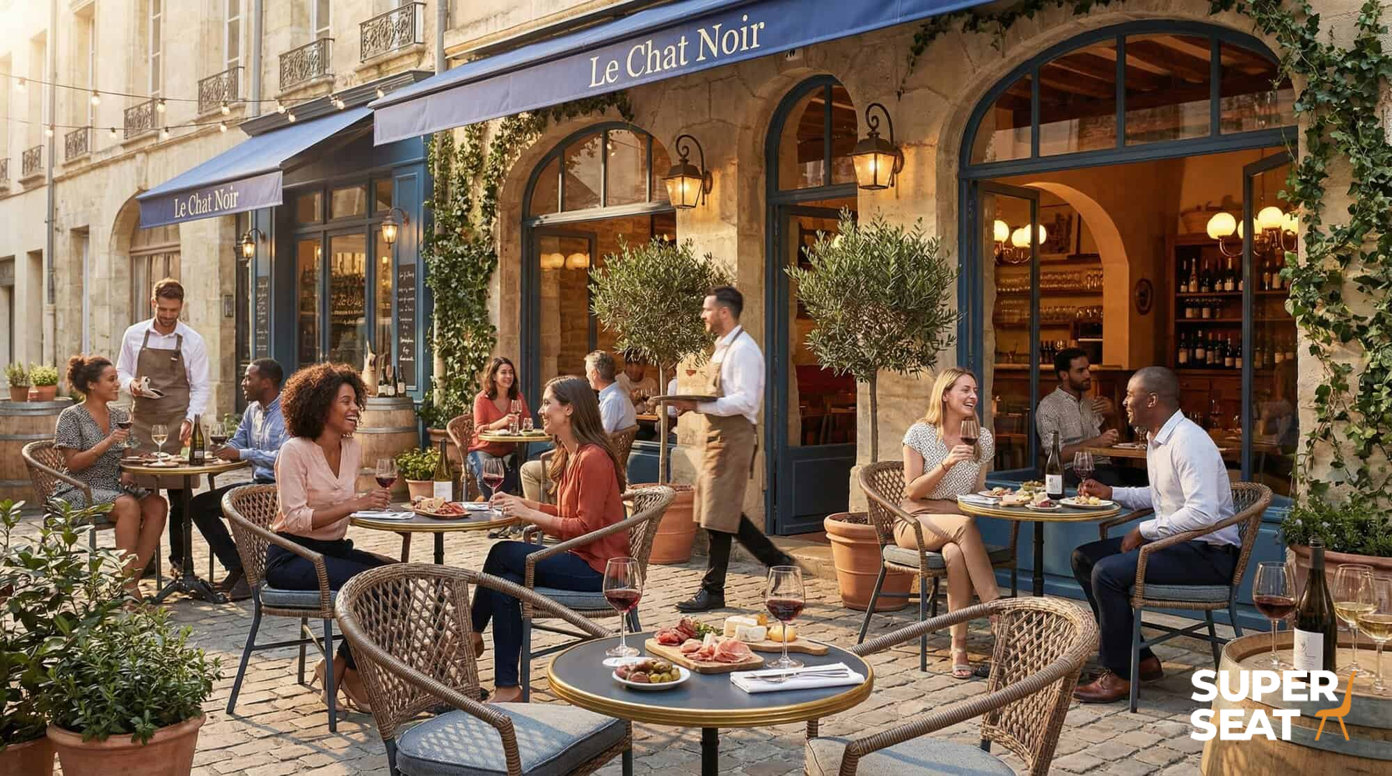 Super-Seat |Buiten op het terras rieten stoelen met armleuningen, houten tafels tussen planten en steen. | Horecameubilair