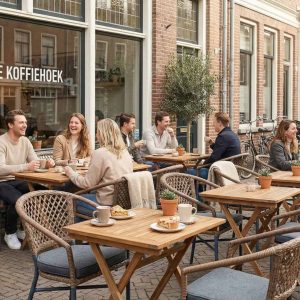 Super-Seat | De Koffiehoek Terras | Grijze vlechtwerk stapelstoelen met armleuningen, metalen tafels buiten op rode bakstenen straat. | Horecameubilair