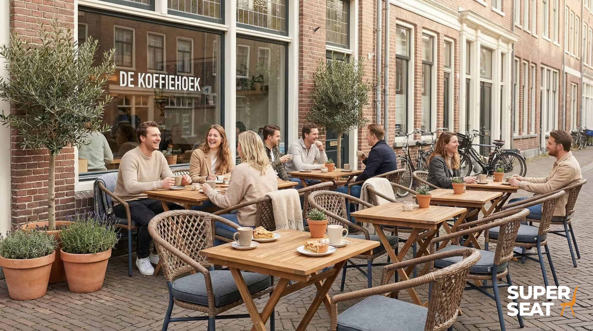 Super-Seat | De Koffiehoek Terras | Grijze vlechtwerk stapelstoelen met armleuningen, metalen tafels buiten op rode bakstenen straat. | Horecameubilair